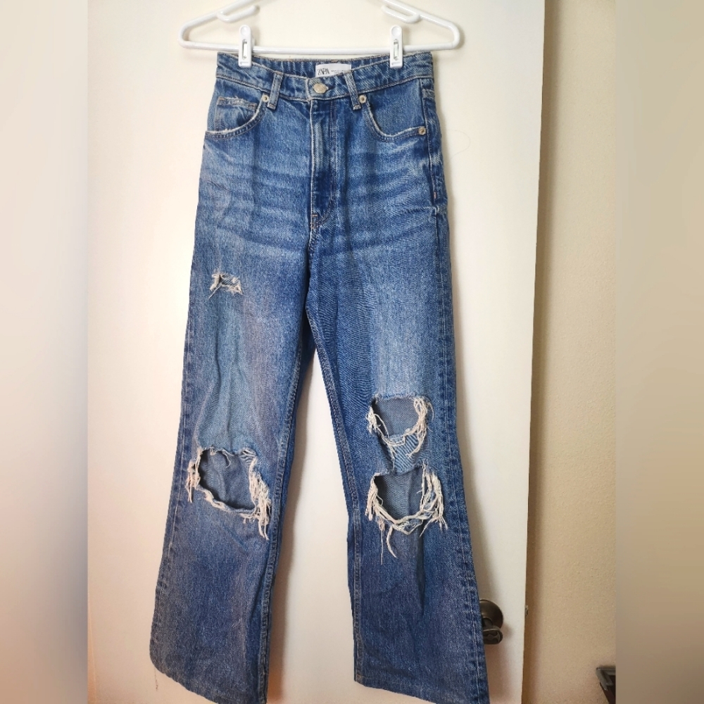 Zara blue ripped flare jeans (2)